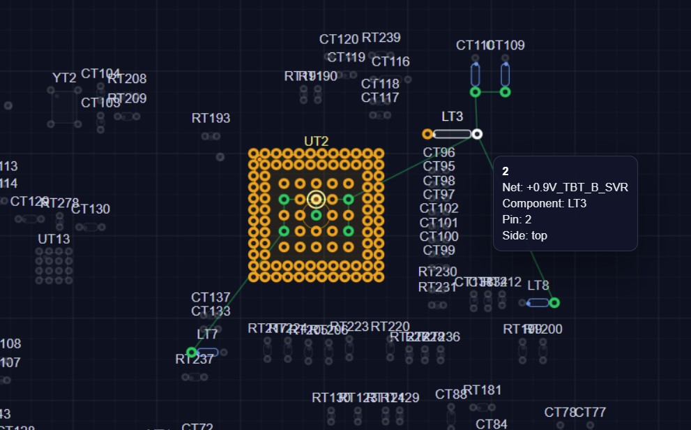 BoardView Trace — board viewer interface showing component inspection and net tracing